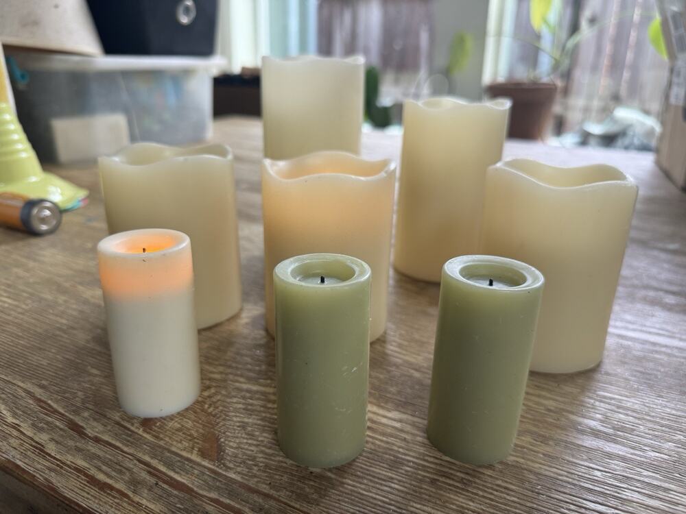 Set Of 8 Pillar Flameless Battery-Operated Wax Candles Ivory Sage. 3” 4” 5” 6”